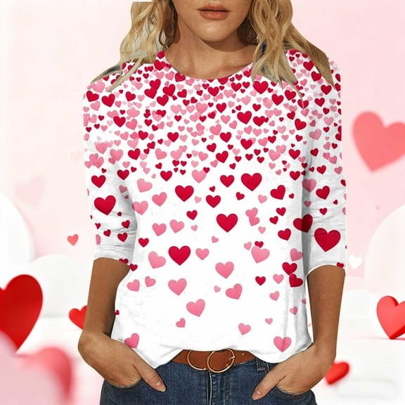 NuoCaiYun Womens 3/4 Sleeve Crew Neck Valentine T Shirts Love Heart Printed Graphic Tee Tops Valentine's Day Gift