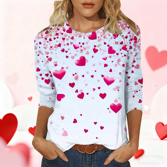 NuoCaiYun Womens 3/4 Sleeve O-Neck Valentine T Shirts Love Heart Printed Graphic Tee Tops for Valentine's Day