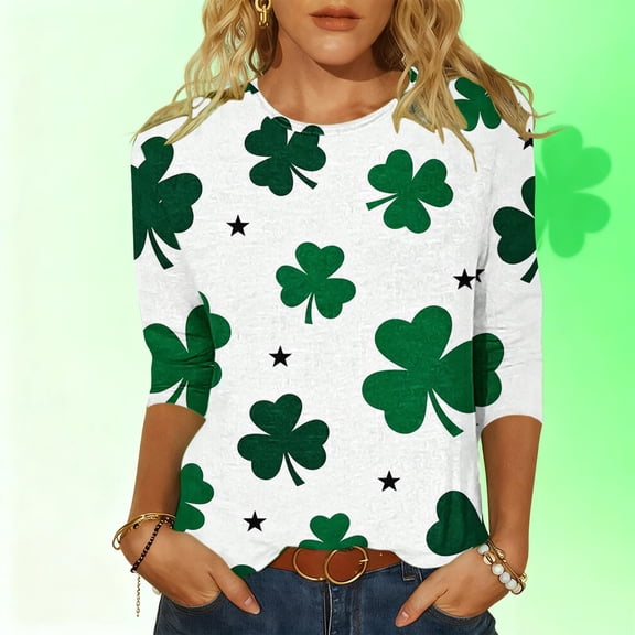 NuoCaiYun Womens 3/4 Sleeve St. Patrick'S Day T-Shirts Crew Neck Spring Graphic Tee Tops Green Tshirts