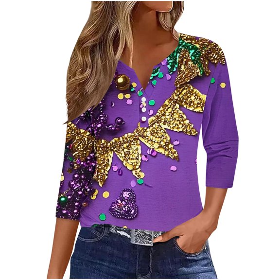 NuoCaiYun Womens 3/4 Sleeve Tops Mardi Gras and Carnival Fashion Round Neck Mardi Gras Tops Blouse