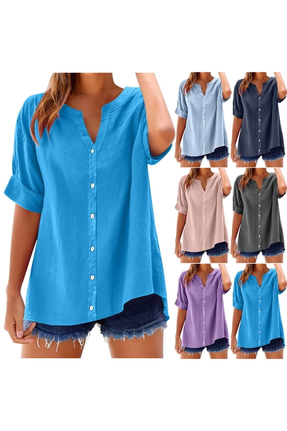 Womens Button Down Shirts Trendy Roll Up Tunic Tops V Neck Solid Color Beack Shirt Casual Loose Fit Blouses