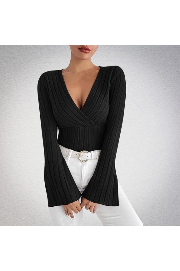 Womens Deep V Neck Sweaters Slim-Fitted Knitted Tunic Tops Trendy Long Sleeved Wrap Sweater