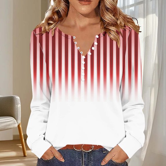 NuoCaiYun Womens Fashion Stripe Printed Pullover Winter V-Neck Open Button Long Sleeve Tops Polyester Spandex
