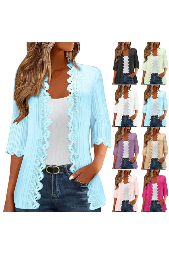 Womens Lace Cardigan Lightweight 3/4 Sleeve Open Front Tops Coat Boho Solid Color Lace Cardigans