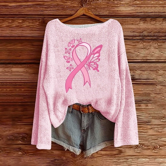 NuoCaiYun Womens Off The Shoulder Sweater Breast Cancer Awareness Graphic Tshirt Trendy Pink Love Heater Print Pullover Knitted Tops
