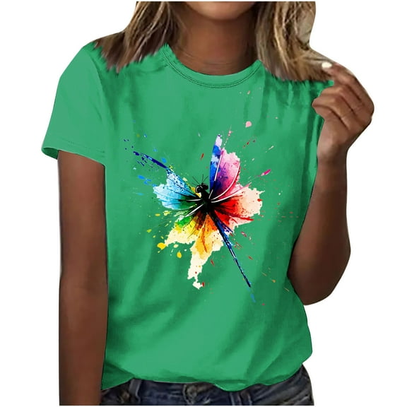 NuoCaiYun Womens Round Neck Short Sleeve T-Shirt Printed Trendy Summer Casual Tops, Women Polyester Blouses