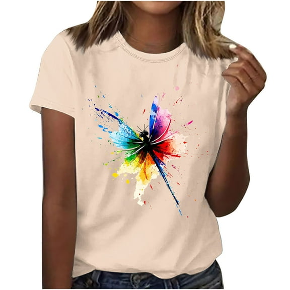 NuoCaiYun Womens Round Neck Short Sleeve T-Shirt Printed Trendy Summer Casual Tops, Women Polyester Blouses