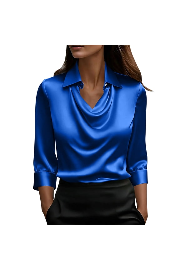 Womens Satin Silk Cowl Neck Tops 3/4 Sleeve Ruched Front Draped Blouse Dressy Solid Color Tunic Shirt Top