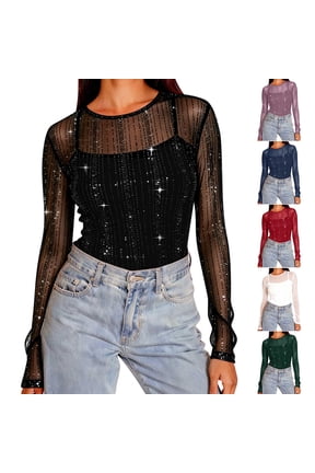 Womens Sequin Sparkly Shirts Long Sleeve Sheer Mesh Blouse Solid Crewneck Pullover Tops Trendy Holiday Party Shirt
