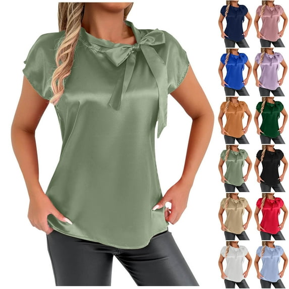 NuoCaiYun Womens Short Sleeve Satin Blouses Bow Tie Neck Summer Tops Casual Loose Fit Solid Color Elegant Work Shirts