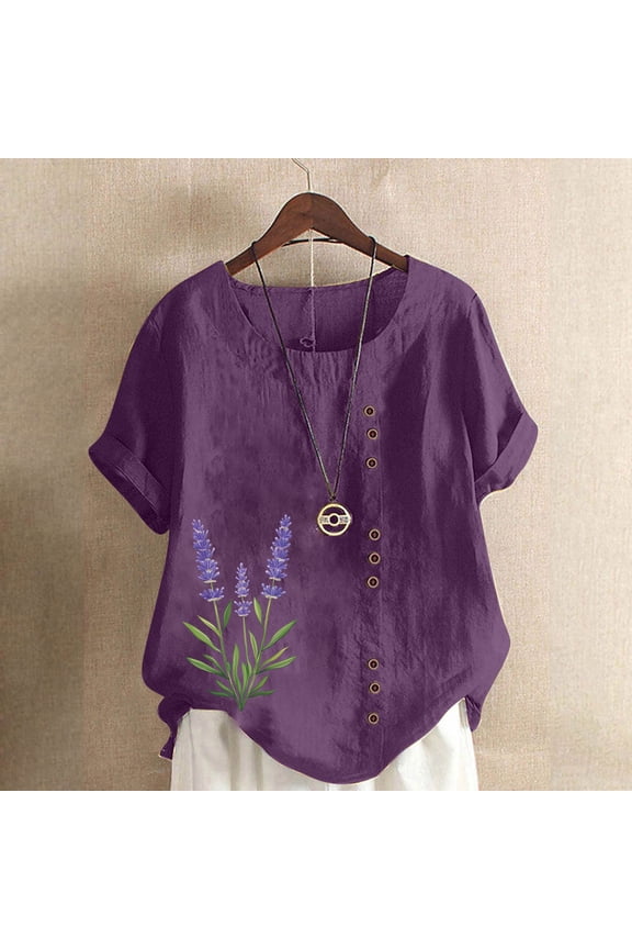 Womens Short Sleeve Tunic Tops Casual Summer Loose Fit Round Neck Blouses Lavender Print Button Vintage Tees