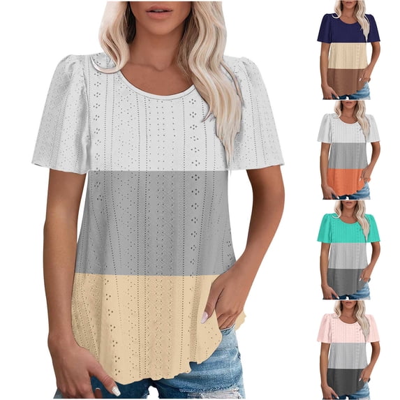 NuoCaiYun Womens Short Sleeve Tunic Tops Color Block Hollow Out Lace T Shirts Summer Fashion Casual Loose Fit Blouses