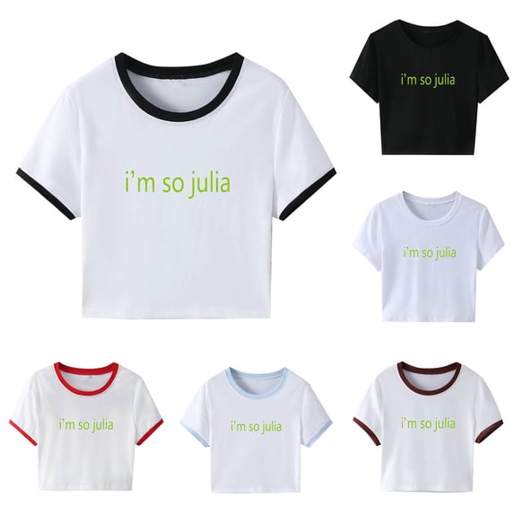 NuoCaiYun Womens Summer Crop Tops Short Sleeve T Shirts Crew Neck Letter Print Casual Graphic Tees Fashion Trendy Blouses