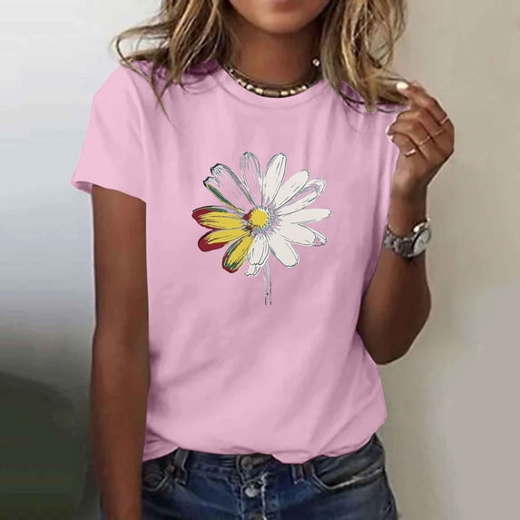 NuoCaiYun Womens Summer Tops Short Sleeve T Shirts Daisy Graphic Print Crewneck Casual Loose Fit Fashion Tunic Blouses