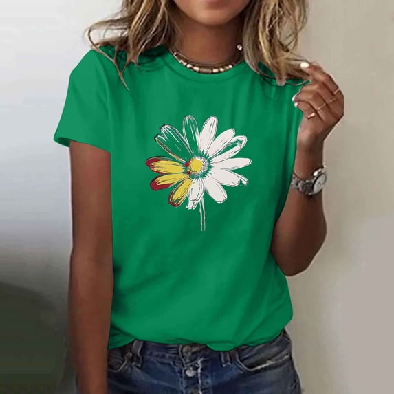 NuoCaiYun Womens Summer Tops Short Sleeve T Shirts Daisy Graphic Print Crewneck Casual Loose Fit Fashion Tunic Blouses