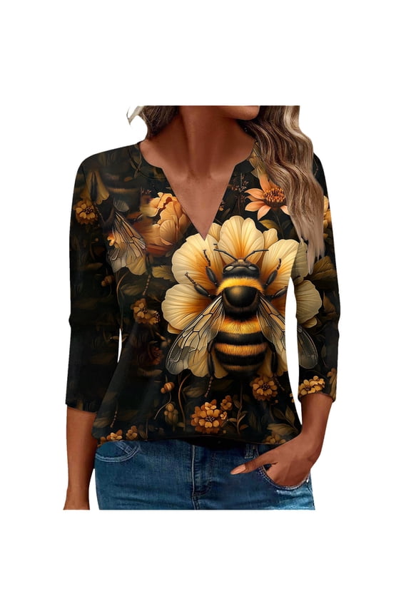 Womens T-Shirts, Ladies World Bee Day Print V-Neck Three-Quarter Sleeve T-Shirt Loose-Fit Tops