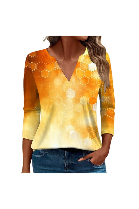 Womens T-Shirts, Ladies World Bee Day Print V-Neck Three-Quarter Sleeve T-Shirt Loose-Fit Tops