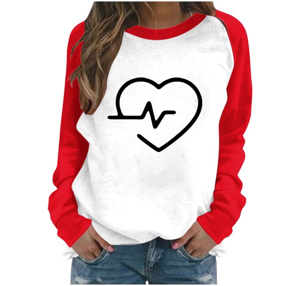 NuoCaiYun Womens Valentine Sweatshirt Heart Love Valentines Long Sleeve Shirts Casual Round Neck Pullover Tops