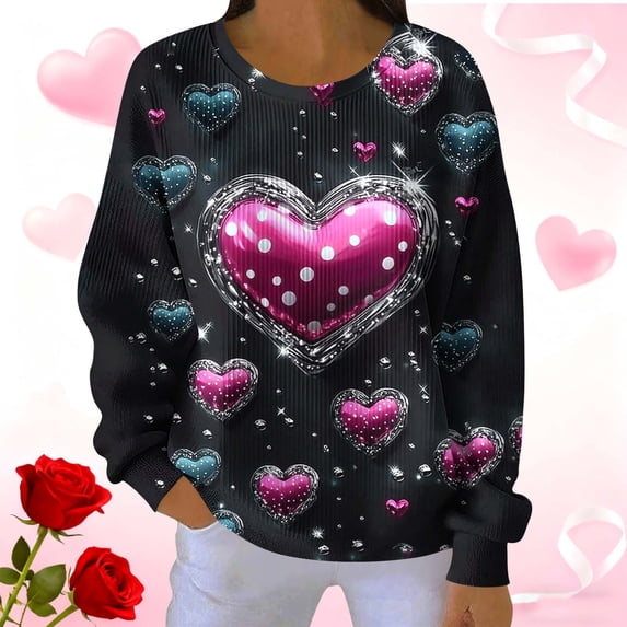 NuoCaiYun Womens Valentine's Day Sweatshirt Cute Love Heart Grahic Print Lover Gift Long Sleeve Pullover Tops