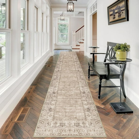Nuomeijia Washable Hallway Runner Rug 2.5x12ft - Long Beige Vintage Boho Bordered Kitchen Runner Rug Non Slip Entryway Bedroom Farmhouse Runners for Hallways C105