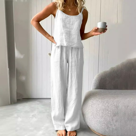 Nuoqisi 2 Piece Set Summer Travel Beach Vacation Outfit Fashion Spaghetti Strap Tank Top and Pants 2026