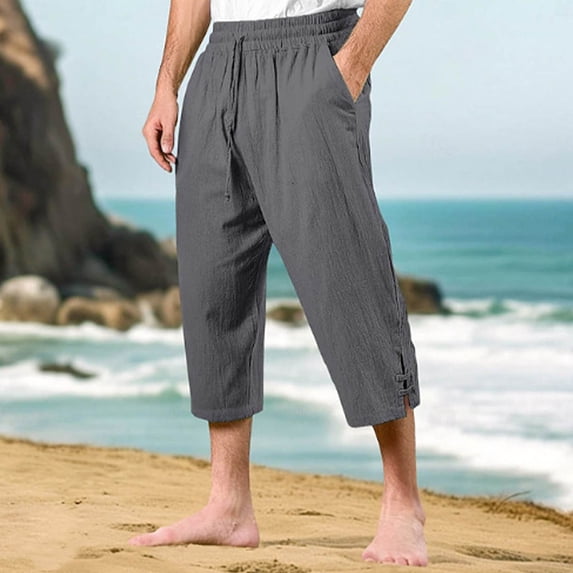 Nuoqisi Baseball Pants Linen for Men Summer Solid Loose Fitted Elastic Waist Casual Elastic Waist Basic Trouser with Pockets Pants