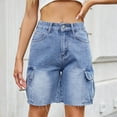 thumbnail image 1 of Nuoqisi Bermuda Cargo Denim Shorts for Women Knee Length Pockets Elastic Waist Long Jorts for Summer Casual, 1 of 6