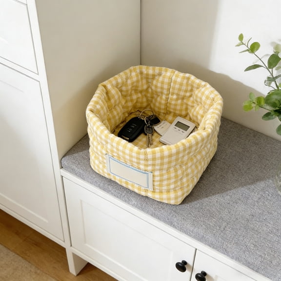 Nuoqisi Cosmetic Storage Basket Small Storage Quilted Cotton Basket Multifunctional Desk Container Organizer Cute Bedside Caddy for Little Items for Countertop or Dresser, Yellow
