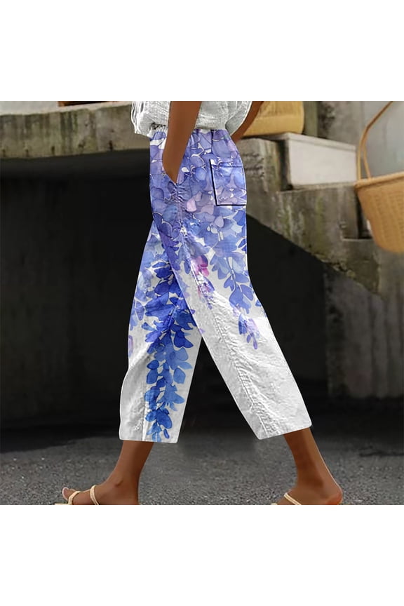 Cropped Harem Pants Women's Print Wide Leg Pants Elastic Drawstring Waist Casual Summer Beach Trousers With Pockets