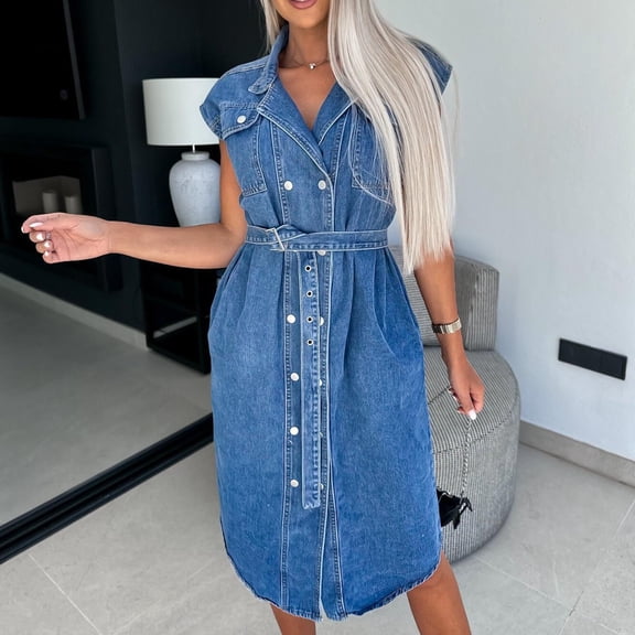 Nuoqisi Denim Dress for Women Casual Fashion Sleeveless Belted Button Down Midi Jean Dresses for Women 2026
