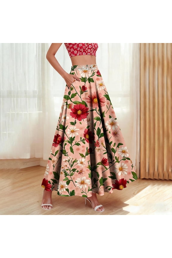 Floral Printed Maxi Skirts for Women High Waisted Long Skirts Boho Flowy A Line Maxi Skirt with Pockets