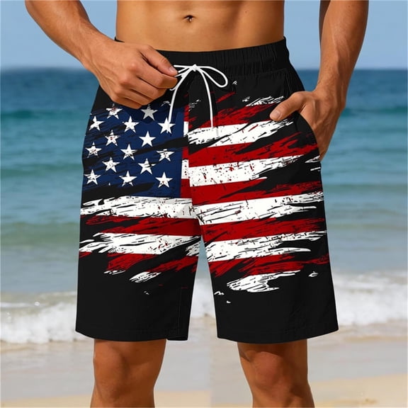 Nuoqisi Independence Day Print Swim Trunks Men Drawstring Quick Dry Patriotic for Pool Party Beach BBQ Fireworks Vacation Summer