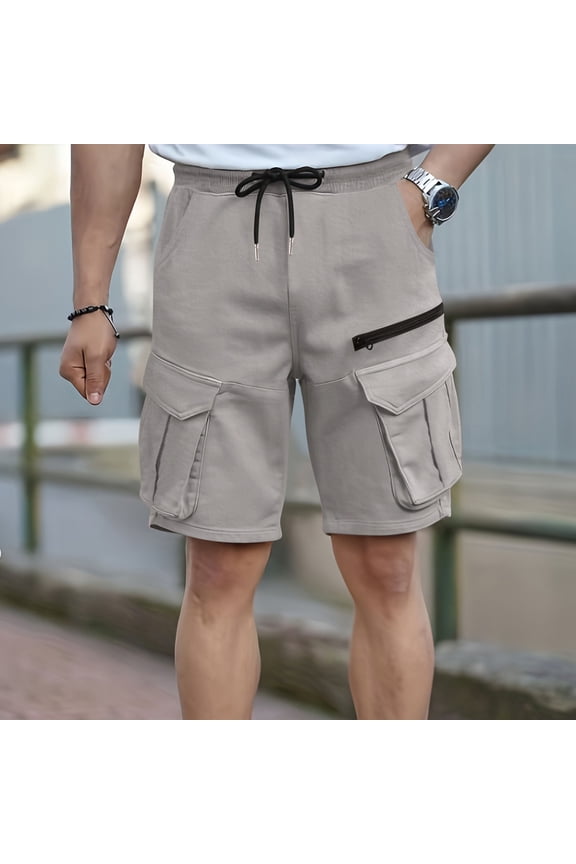 Men Solid Color Casual Exercise Fashion Cargo Pants Drawstring Elastic Waist Straight Leg Pockets Breathable Pants