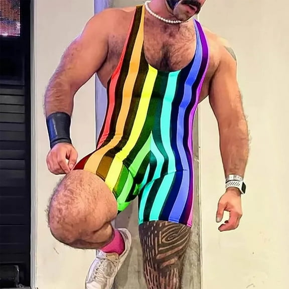 Nuoqisi Men Striped Bodysuit Wrestling Singlet Seamless Active Jumpsuit One Piece Base Layers Athletic Supporters Leotard