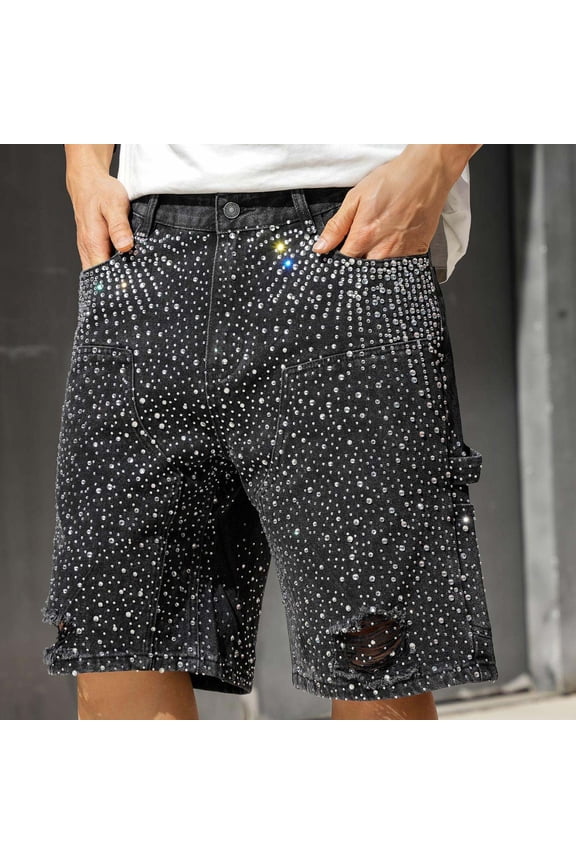 Men's Baggy Jean Shorts Y2k Rhinestone Jorts Loose Fit Denim Shorts Vintage Hollow Out Casual Fashion Streetwear 2026
