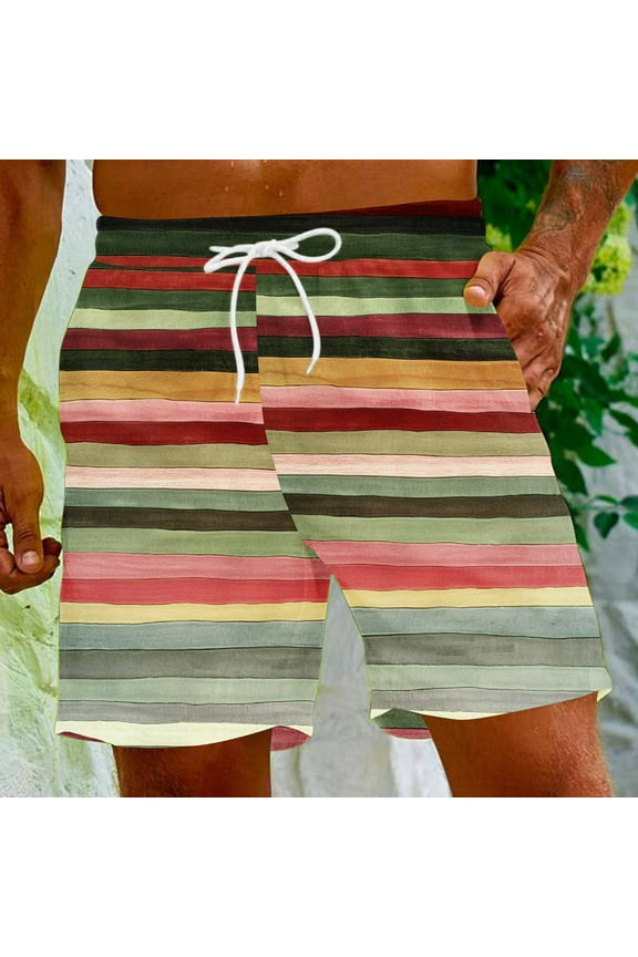 Men's Bathing Board Trunks Beach Summer Shorts Holiday Hawaiian Colorful Striped Loose Fitted Shorts 2026