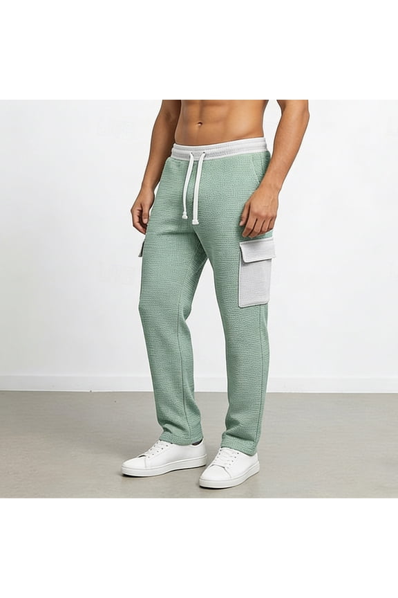 Men's Casual Solid Color Waffle Knit Drawstring Cargo Pants - Textured Multi-Pocket Trousers for Outdoor and Leisure