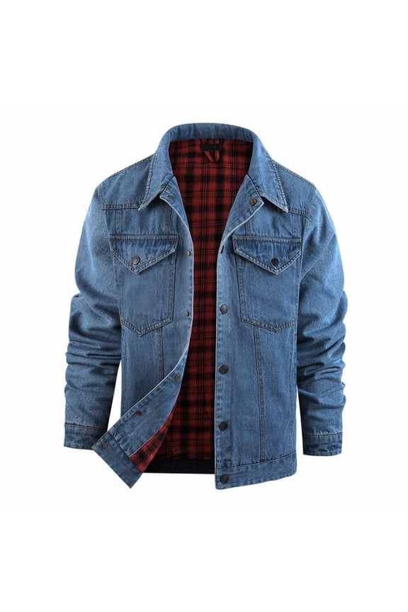 Men's Denim Jacket Plaid Patchwork Multi Pocket Casual Jacket Hoodless Casual Jacket for Men Outdoor Light Blue S