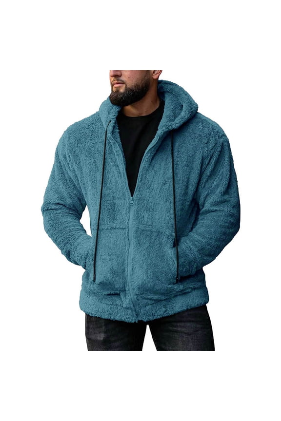 Men's Fall Winter Double Face Knit Cardigan Pocket Zip Solid Color Sweater Hooded Casual Jacket for Winter Blue M