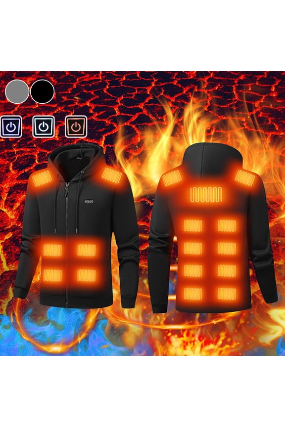 Men's Heated Hoodie Zip Pocket Long Sleeve Hooded Casual Jacket for Men Outdoor Warm Cozy Thermal Black L