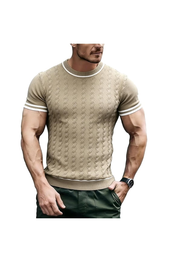 Men's Knit Solid Geometric Pattern Short Sleeve Round Neck Top/Shirt - Textured Casual Tee