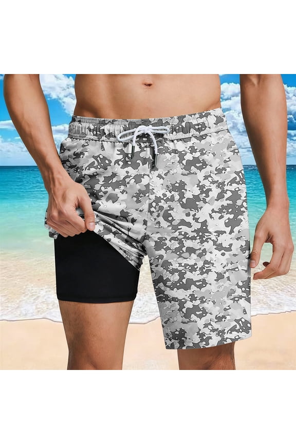 Men's Lined Swim Trunks with Pockets - Tropical Print Elastic Waist Drawstring Beach Shorts for Summer Outdoor Activities