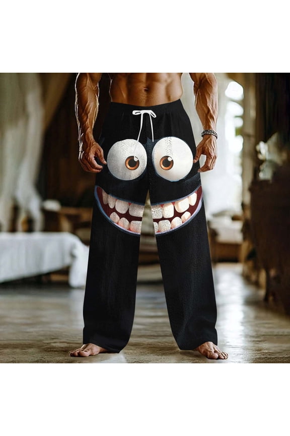 Men's Novelty Cartoon Smiley Face Casual Pants - Mid-Rise Elastic Drawstring Loose Fit Trousers with Pockets for Outdoor Relaxation