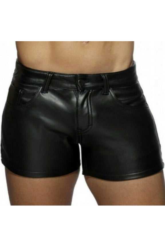Men's PU Leather Shorts Elastic Waist Rave Hot Short Pants Zipper Men Fashion Shorts with Pockets for Club Party