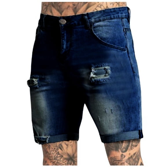 Nuoqisi Men's Ripped Jeans Trunks Stretchy Washed Jeans Trunks Cut-Off Classic Fit Casual Jeans Shorts