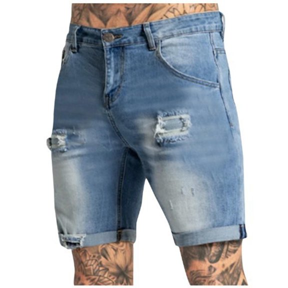Nuoqisi Men's Ripped Jeans Trunks Stretchy Washed Jeans Trunks Cut-Off Classic Fit Casual Jeans Shorts