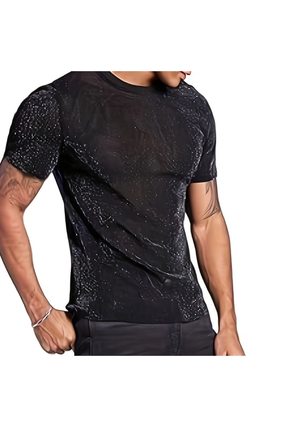 Men's Shiny Solid High Stretch Sheer Mesh Round Neck Short Sleeve T-Shirt - Breathable See-Through Top for Night Out, Perfect for Club Parties and Summer Events
