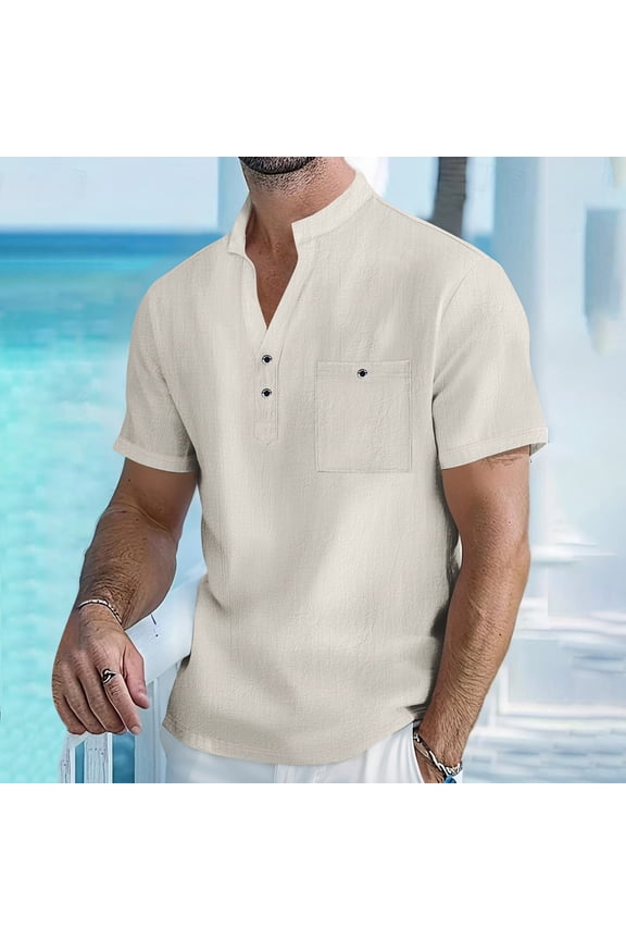 Men's Solid Casual Fashion Linen Button Stand Collar Short Sleeve Pocket Shirt - Breathable Summer Top for Office and Casual Wear, Perfect for Hot Weather and Business Casual