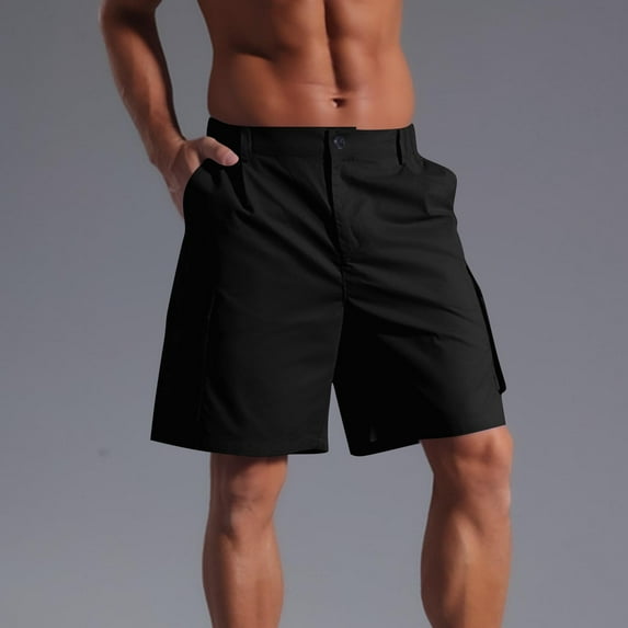 Nuoqisi Men's Solid Color Button Zipper Elastic Waist Multi-Pocket Cargo Shorts - Casual Work Style Bottoms for Outdoor Use
