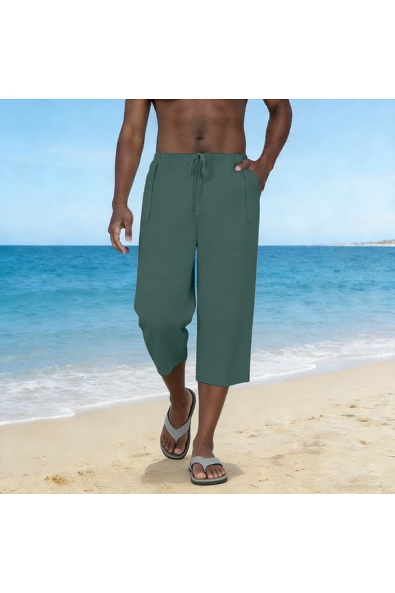 Men's Solid Color Linen Loose Casual 3/4 Length Pants - Breathable Bottoms for Warm Weather